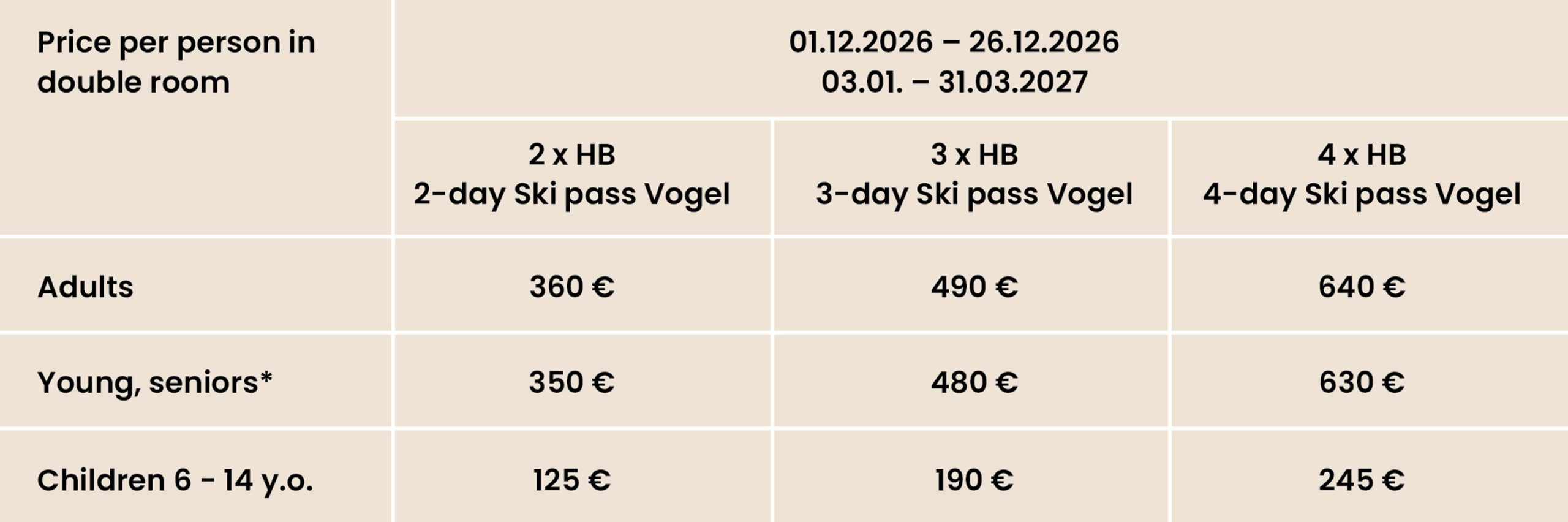 hotel bohinj A price table for double room stays from December 1, 2026 to December 26, 2026, and January 3, 2027 to March 31, 2027, listing costs for adults, seniors, and children based on the number of nights and ski pass days.