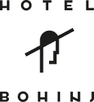 hotel bohinj Minimalistični črno-beli logotip za Hotel Bohinj z abstraktnimi geometrijskimi črtami, ki tvorijo stiliziran obraz z diagonalno črto, nad in pod ikono pa je napis HOTEL BOHINJ.